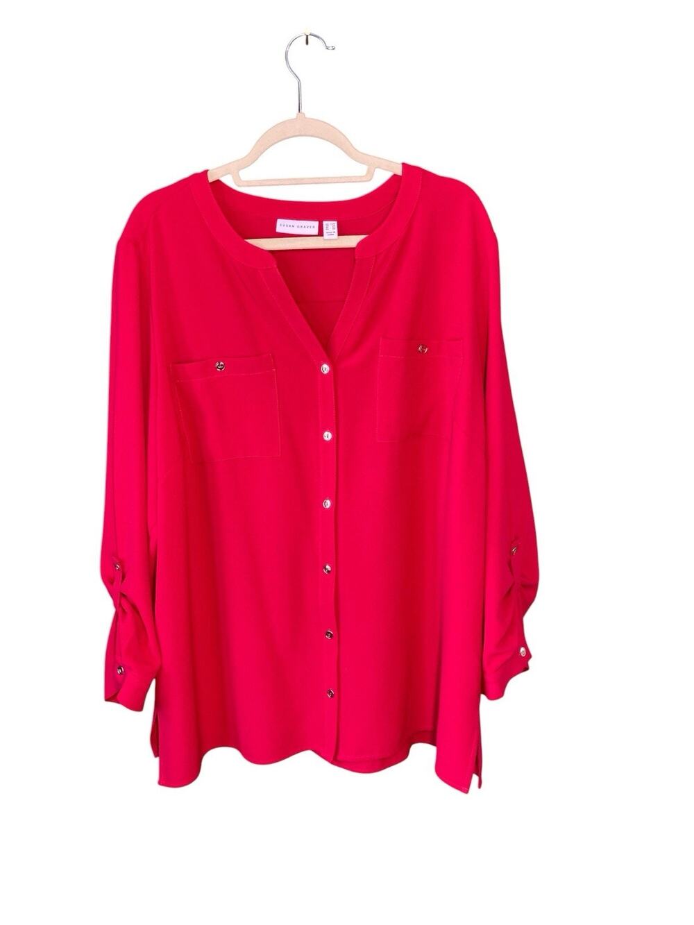 Susan Graver Blouse 22W Red Stretch Button Front Roll Tab Sleeve Office Shirt